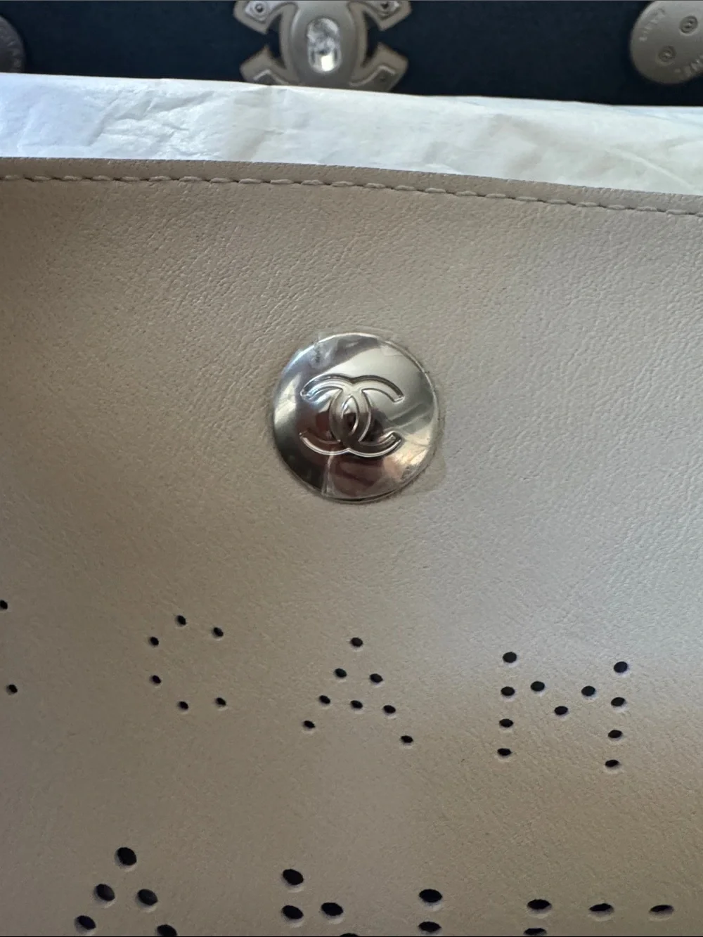 NWT CHANEL 2019 Beige Calfskin Perforated Logo Tote with Silver-Tone Hardware